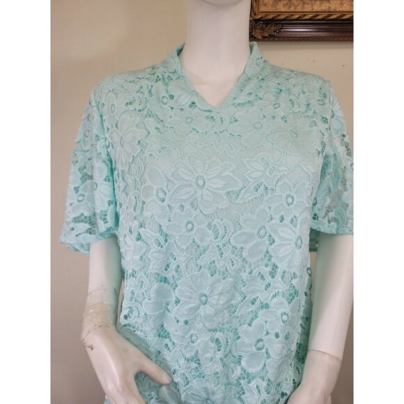 Investments Women's Top Blouse Size S P Petite Nylon Blend Lace V-Neck Aqua (33) - Picture 2 of 11